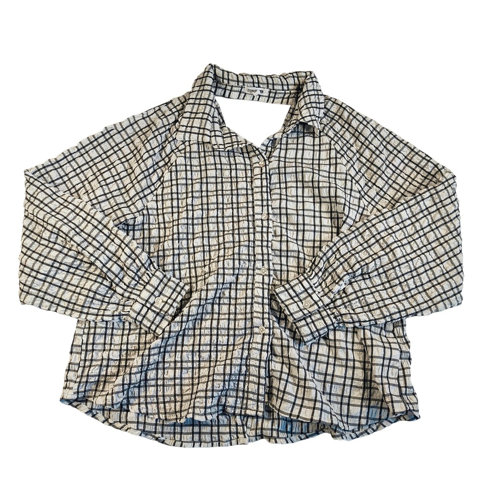 Steve Madden Womens Plaid Button Up Shirt L Black White Check Long Sleeve Top